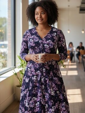Garnet Hill Floral V-Neck Dress | Button-front | Drop-waist | Long Sleeve | M